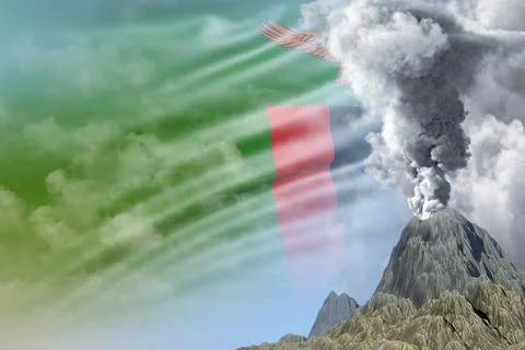 Volcano blast eruption at day time with white smoke on Zambia flag background 스톡 일러스트