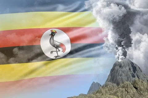 Volcano blast eruption at day time with white smoke on Uganda flag background Stock Illustration