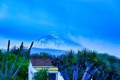 Volcano with clouds and plants in foreground at dawn near small building Stock Photos