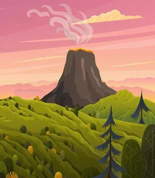 Volcano disaster with burning fire. Volcanic eruption mountain with magma Stock Illustration