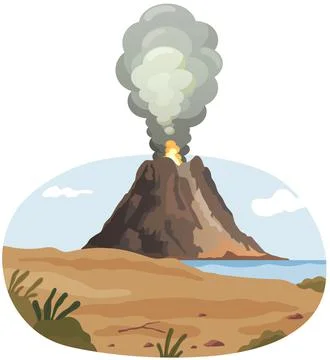 Volcano disaster with burning fire. Volcanic eruption mountain with magma Stock Illustration