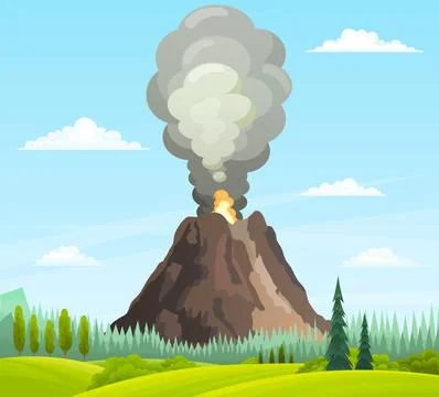 Volcano disaster with burning fire. Volcanic eruption mountain with magma Stock Illustration