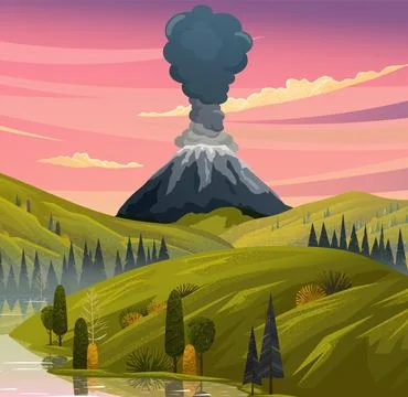 Volcano disaster with burning fire. Volcanic eruption mountain with magma Stock Illustration