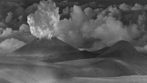 Volcano in Distance Erupting B&amp;W Camera Move 4K Stock Footage 160630382