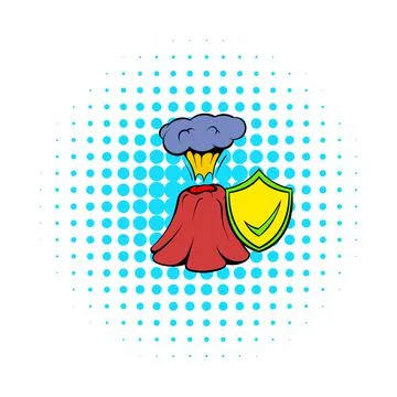 Volcano erruption and yellow shield with tick icon Stock Illustration
