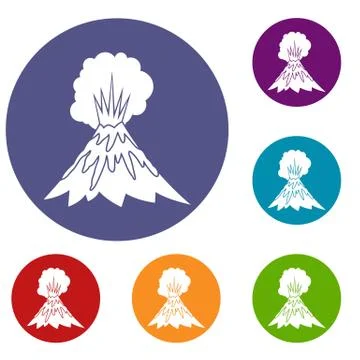 Volcano erupting icons set Stock Illustration