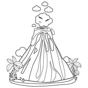 Volcano erupting. Vector black and white coloring page Stock Illustration