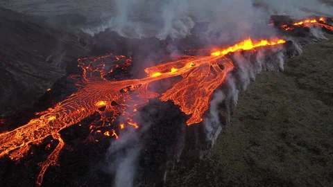 Volcano eruption in 2023, Red burning la... | Stock Video | Pond5