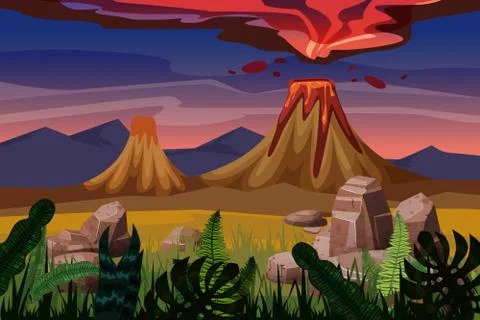 Volcano eruption, background landscape plain, vegetation, stones, vector Stock Illustration