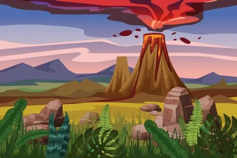 Volcano eruption, background landscape plain, vegetation, stones, vector Stock Illustration