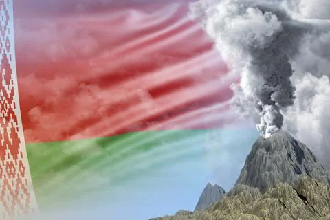 Volcano eruption at day time with white smoke on Belarus flag background Illustrazione stock
