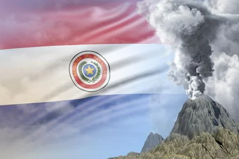 Volcano eruption at day time with white smoke on Paraguay flag background Illustrazione stock