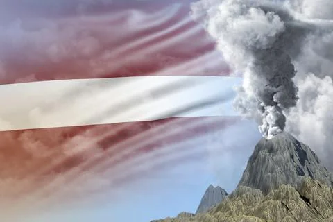 Volcano eruption at day time with white smoke on Latvia flag background 스톡 일러스트