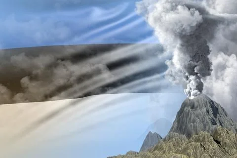 Volcano eruption at day time with white smoke on Estonia flag background 스톡 일러스트