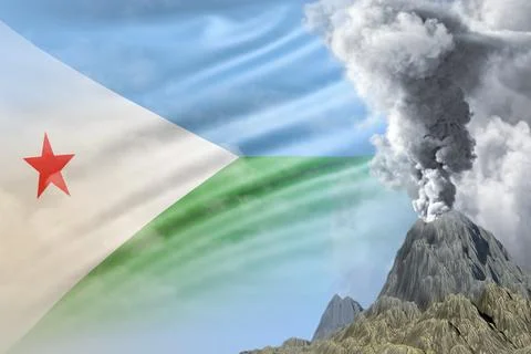 Volcano eruption at day time with white smoke on Djibouti flag background Stock Illustration