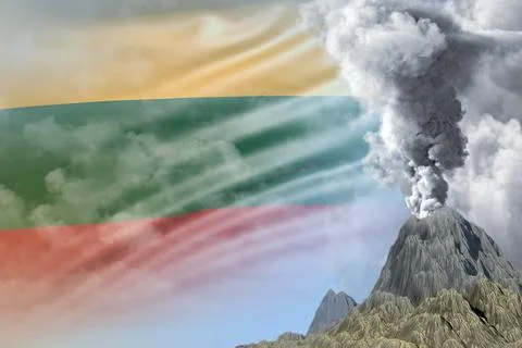 Volcano eruption at day time with white smoke on Lithuania flag background Illustrazione stock