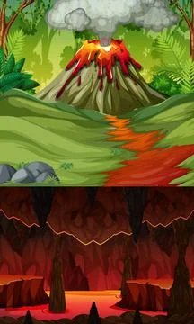 Volcano eruption in forest scene and infernal cave with lava scene Stock Illustration