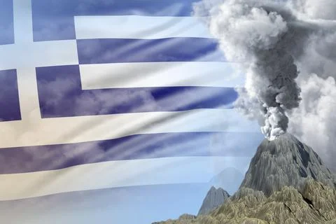 Volcano eruption on Greece flag ual Stock Illustration