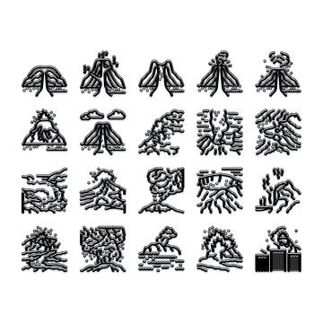 Volcano eruption icon set displaying natural disaster Stock Illustration