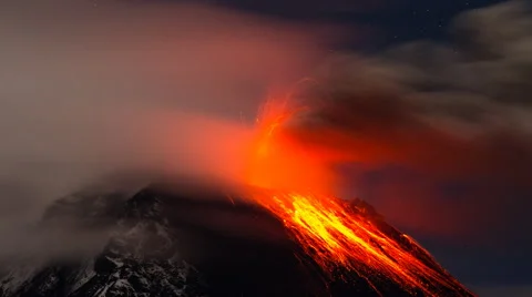 Volcano Eruption with lava, ash and clouds. Tungurahua - Ecuador - 4K Stock Footage 42157463
