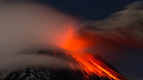 Volcano Eruption with lava, ash and clouds. Tungurahua - Ecuador Stock Footage 42255175