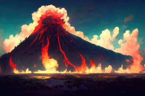 Volcano Eruption, lava flow, explosion Stock Illustration