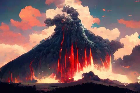 Volcano Eruption, lava flow, explosion Stock Illustration