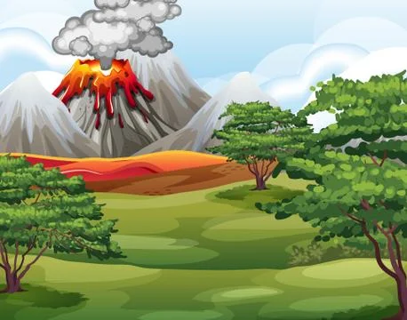 Volcano eruption in nature forest scene at daytime Stock Illustration