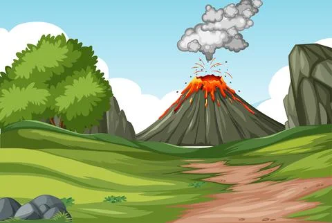 Volcano eruption in nature forest scene at daytime Stock Illustration