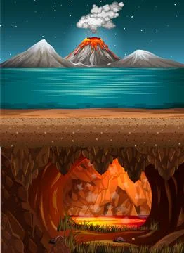 Volcano eruption in ocean scene and infernal cave with lava scene Stock Illustration