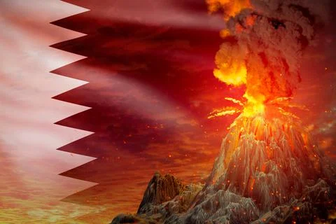 Volcano eruption on Qatar flag Stock Illustration