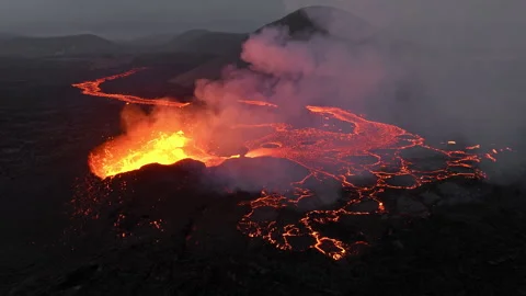 Volcano Eruption Red Hot Burning Lava Erupts From Ground Active Volcanic Crater Stock Footage 257698819