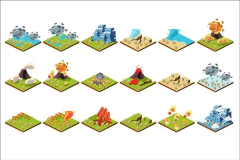 Volcano eruption set, different stages of volcano activity vector Illustrations Illustrazione stock