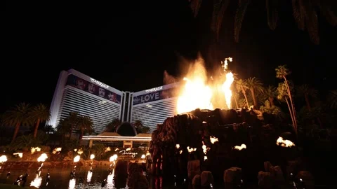 Volcano eruption show at The Mirage Hotel in Las Vegas at night, Nevada, USA Stock Footage