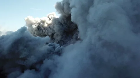 Volcano Erupts Shooting Ash Into Sky Close Up Aerial Shot Stock Footage 86969979