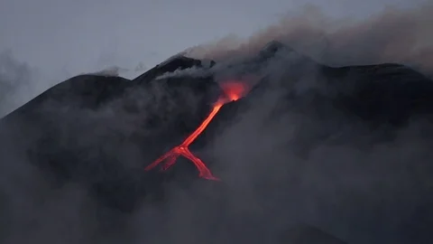 Volcano Etna eruption - Explosion and lava flow in Sicily Stock Footage