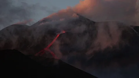 Volcano Etna eruption - Explosion and lava flow in Sicily Stock Footage 97708748