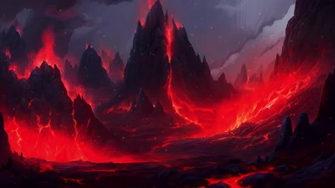 Volcano of fire and landscape of the underworld completely devastated and a.. Video stock 239677808