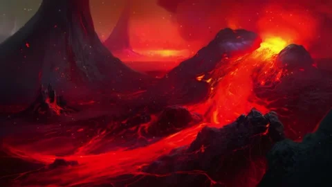 Volcano of fire and landscape of the underworld completely devastated and a.. Video stock 239677817