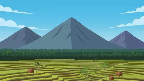 Volcano Horizon Bali Rice Flat Design Illustration Illustrazione stock