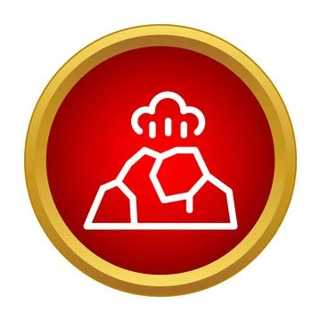 Volcano icon erupting on a red button with gold border Stock Illustration