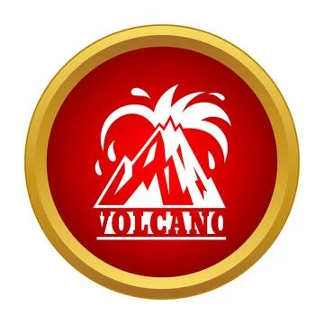 Volcano icon showing an eruption inside a red circle with a gold rim Stock Illustration