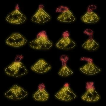 Volcano icons set vector neon Stock Illustration