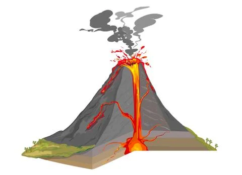 Volcano igneous eruption in the cross section. Education scientific scheme fo Stock Illustration