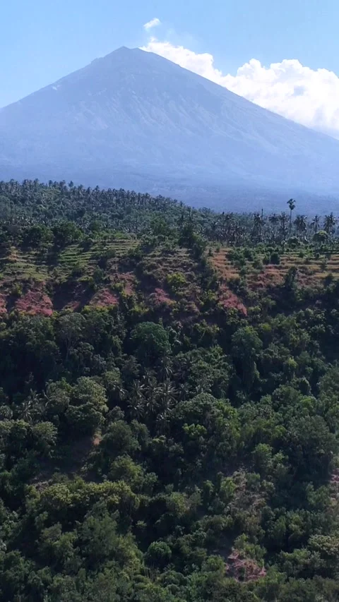 Volcano with its side covered in tropical vegetation, hill at the bottom Stock-Footage 230285062