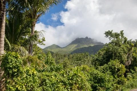 Volcano La Soufriere in clouds. Active volcano in the tropical island Guadeloupe Stock Photos