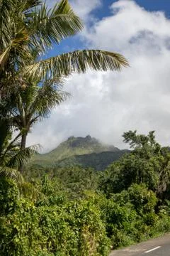Volcano La Soufriere in clouds. Active volcano in the tropical island Guadeloupe Stock Photos