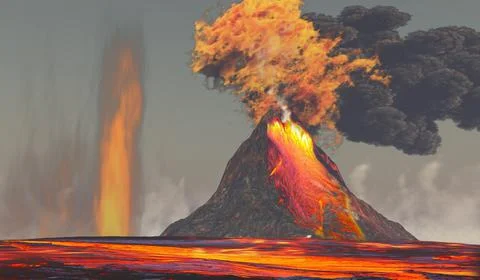 Volcano with Lava and Fire Stock Illustration