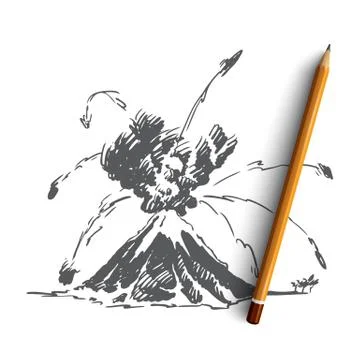 Volcano, lava, eruption, mountain, ash concept. Hand drawn isolated vector. Stock Illustration
