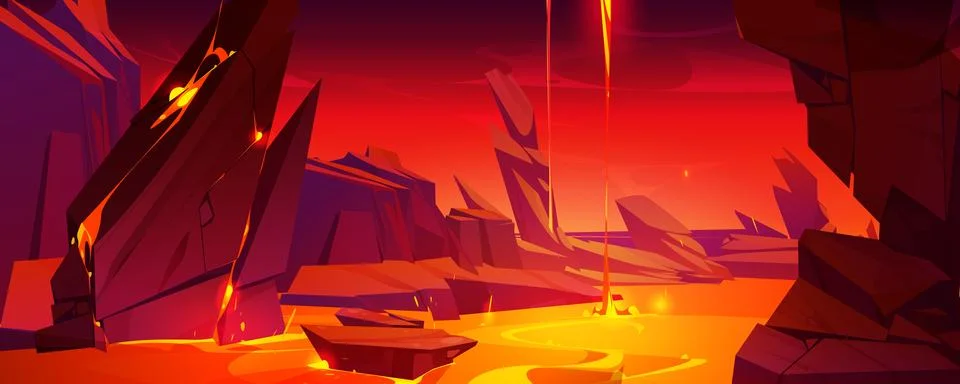 Volcano lava hell rock cave view fantasy game Stock Illustration